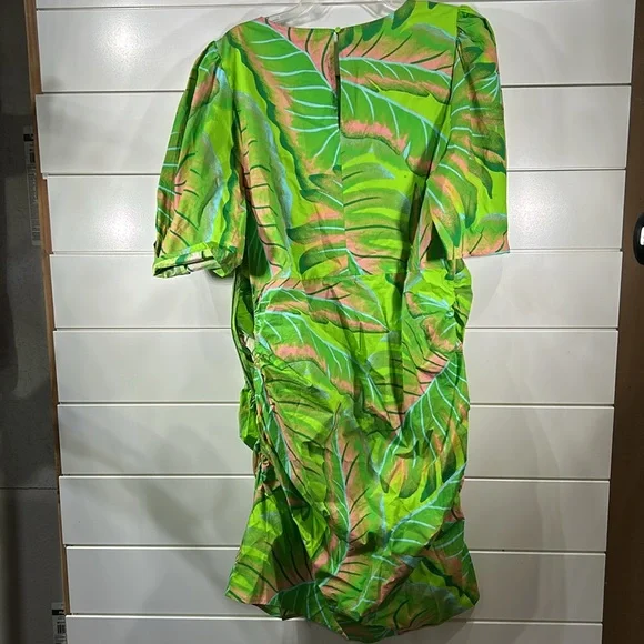 FARM Rio x Anthropologie Puff Sleeve Mini Dress Lime Green Palm Tropical NEW XL - Picture 13 of 13